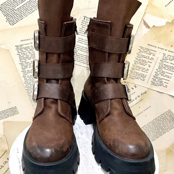 Urban Outfitters Steve Madden Roland Moto Boot Platform Lug Sole Brown - Picture 5 of 9